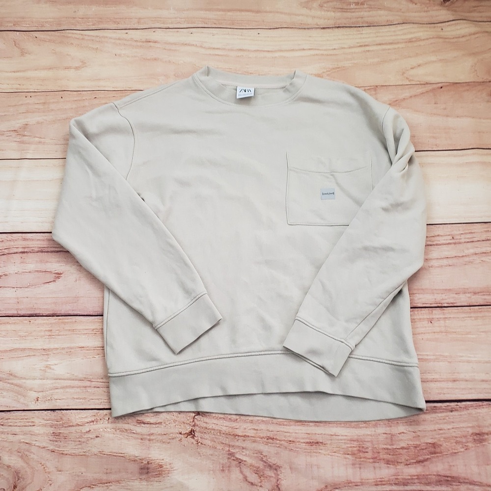 Zara Sweatshirt Mens Large Beige Crewneck Swet.Feat Patch Pocket Pullover Casual